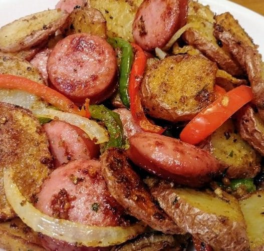 FRIED POTATOES ONIONS AND SMOKE POLISH SAUSAGE!!!!