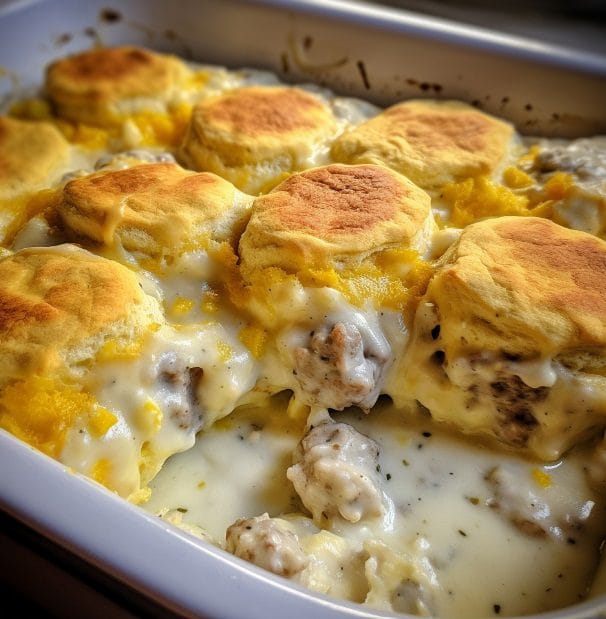 Biscuits and Gravy with Sausage and Egg Breakfast Casserole
