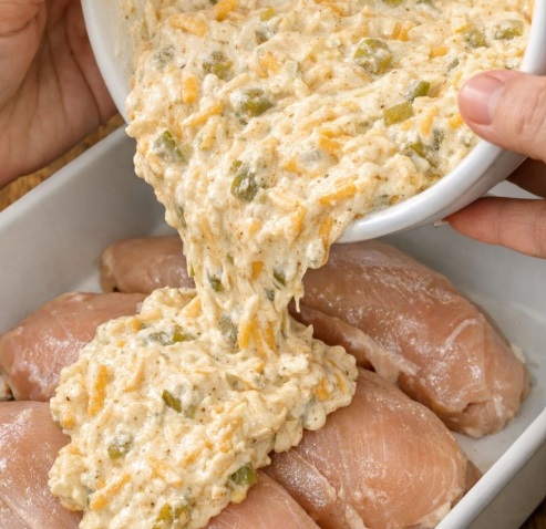 Pour this 1 creamy mixture over chicken breasts into a baking dish for an easy oven meal that’s shockingly craveable