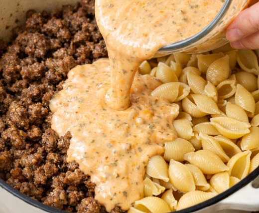 Pour this 1 creamy liquid over browned ground beef and uncooked pasta shells into a dutch oven for a one-pot dinner that keeps you full longer than ex