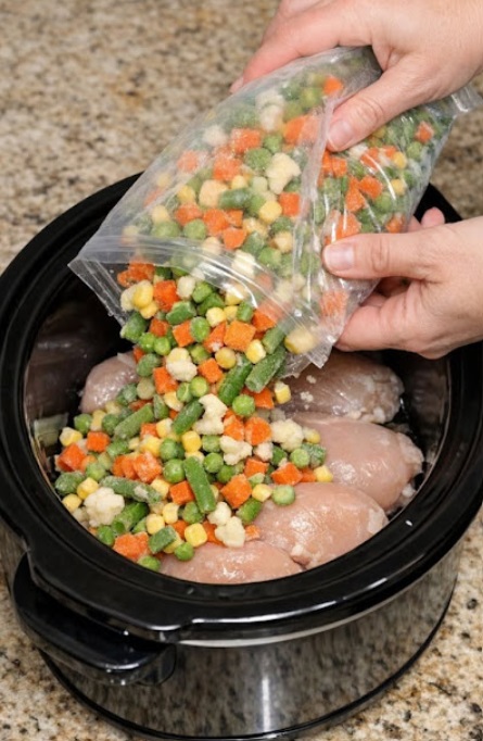 Dump frozen mixed vegetables over chicken breasts, combined with 3 ingredients, into slow cooker for a hearty comfort meal that’s my default when I