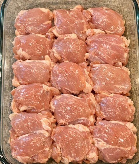 Toss raw boneless skinless chicken thighs in the clear glass 9×13 baking dish and 3 other simple items to get a meal so amazing your friends will be begging for more!
