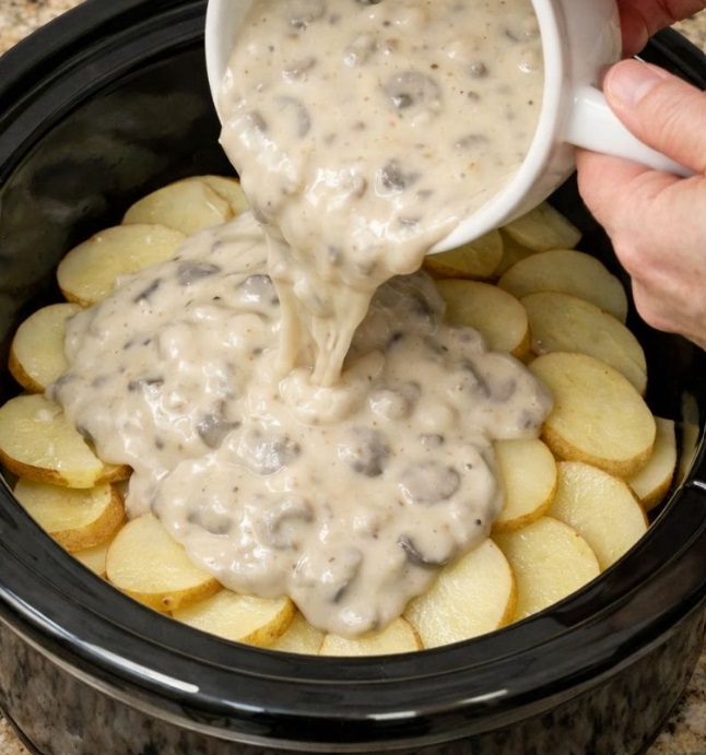 Pour cream of mushroom soup over sliced potatoes, along with these 3 ingredients, into slow cooker for a creamy comfort meal that’s the one everyone
