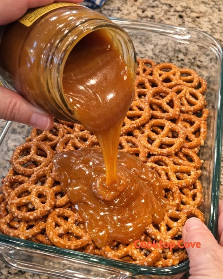 Pour caramel sauce over whole unbroken pretzel twists in the clear glass 9×13 baking dish with 3 other pantry staples for a sweet so good your husband won’t believe how easy it was