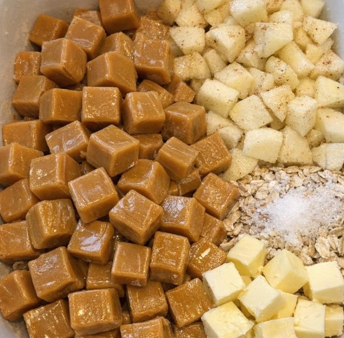 Dump whole unwrapped caramel squares in the ceramic casserole dish with 3 other pantry staples for a sweet so delicious your family will beg for it weekly