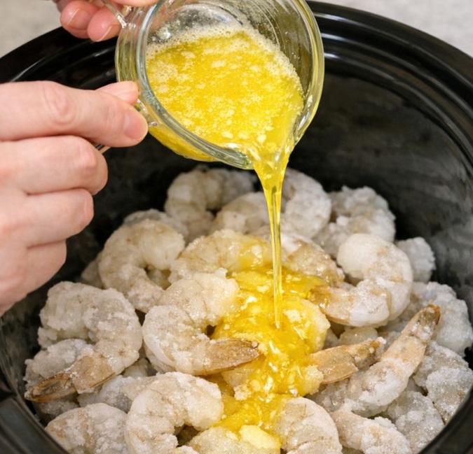 Pour melted butter and these 3 ingredients over frozen shrimp into a slow cooker for a dish so good you’ll make it every single week