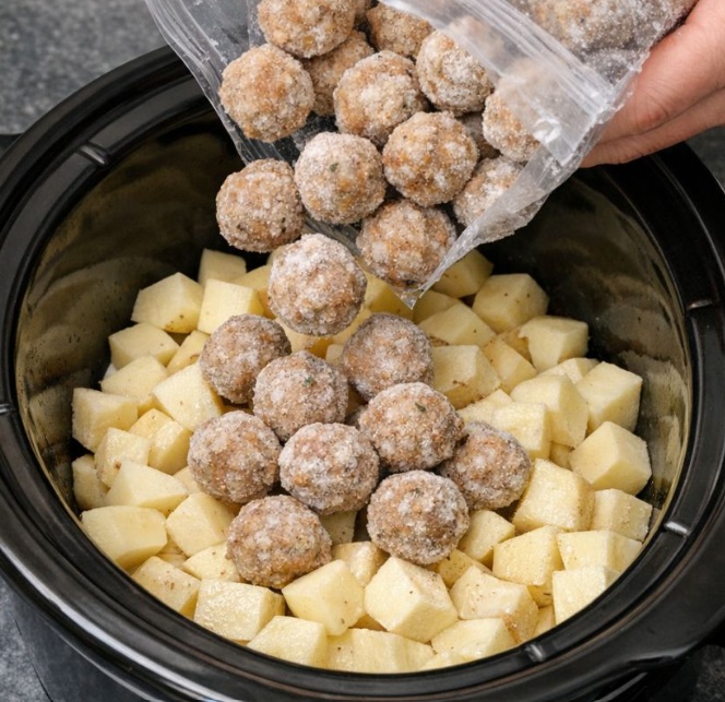 Dump frozen meatballs over raw cubed potatoes, together with 3 ingredients, into slow cooker for a comforting meal that disappears faster than anythin